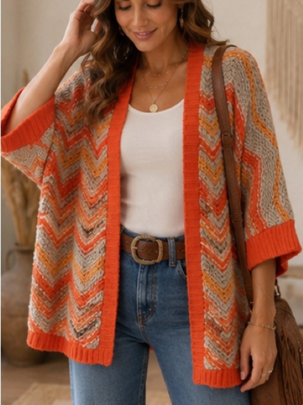 LOFT Orange & Beige Wool Blend Chevron Knit Cocoon Cardigan XS - Picture 7 of 10